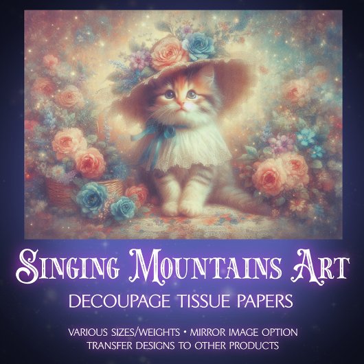 Whimsical Floral Shabby Chic Kitten DIY Decoupage 薄葉紙