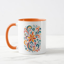 Whimsical Floral Swirl Mug - Orange  Accent Handle マグカップ