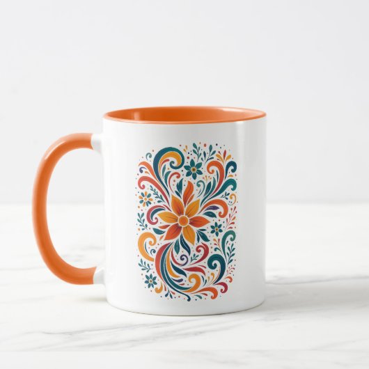 Whimsical Floral Swirl Mug - Orange  Accent Handle マグカップ (左)