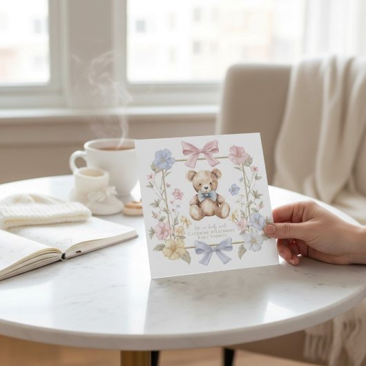 Whimsical Floral Teddy Bear Baby Shower QR code  招待状