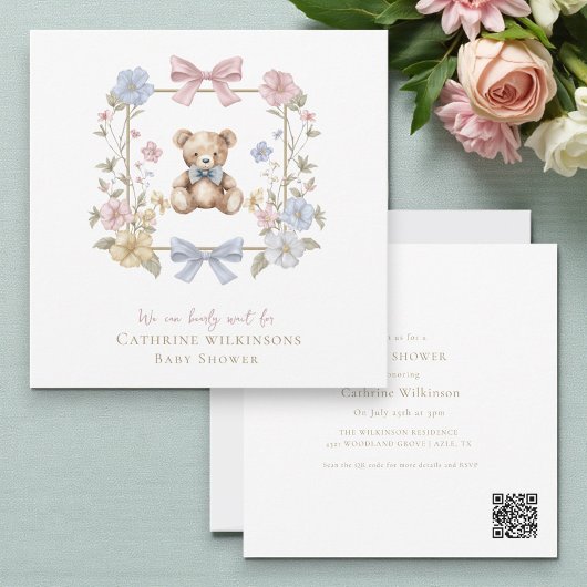 Whimsical Floral Teddy Bear Baby Shower QR code 招待状