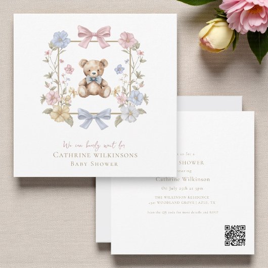 Whimsical Floral Teddy Bear Baby Shower QR code 招待状