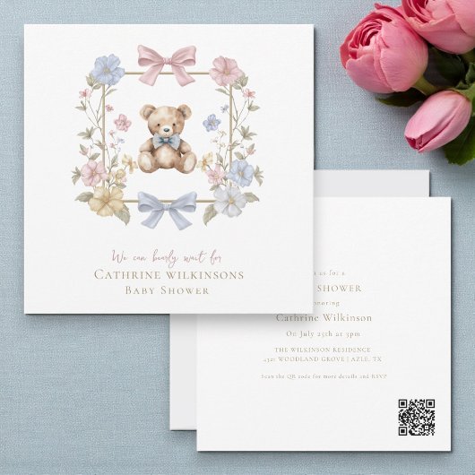 Whimsical Floral Teddy Bear Baby Shower QR code 招待状