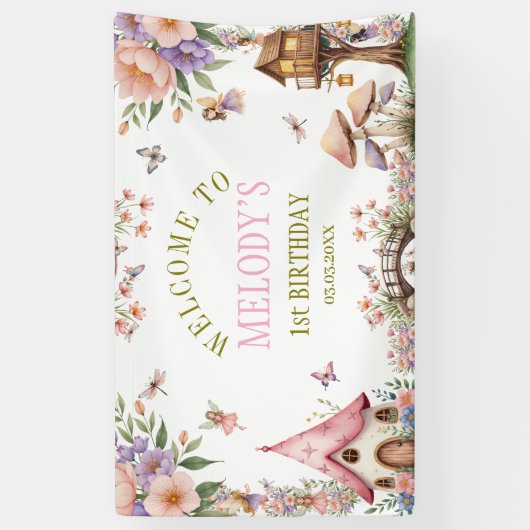 Whimsical Flower Fairy First  birthday Banner 横断幕 (縦)