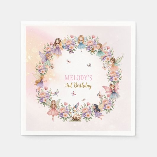 Whimsical flower fairy garden 3rd birthday スタンダードカクテルナプキン (正面)