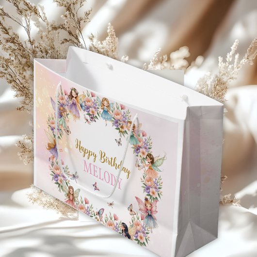 Whimsical flower fairy garden birthday  ラージペーパーバッグ