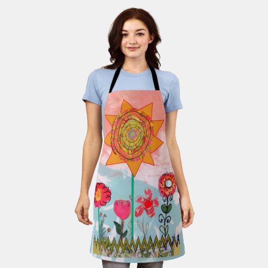 Whimsical Flowers All-Over Print Apron エプロン (着用した状態)
