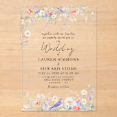 Whimsical Flowers & Blue Birds Watercolor Wedding アクリル招待状 (正面)