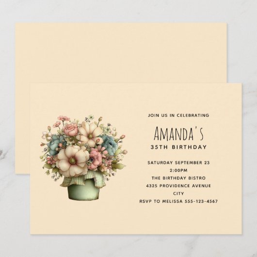 Whimsical Flowers in a Planter Pot Birthday 招待状 (正面/裏面)