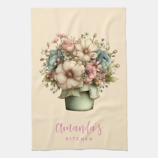 Whimsical Flowers in a Planter Pot Cute キッチンタオル (縦)