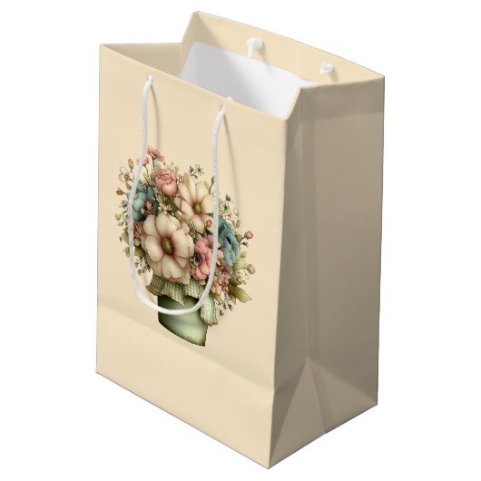 Whimsical Flowers in a Planter Pot Cute ミディアムペーパーバッグ (裏面アングル)
