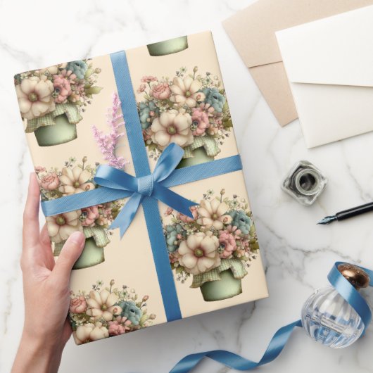 Whimsical Flowers in a Planter Pot Cute Pattern ラッピングペーパー (ギフト)