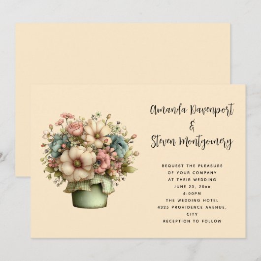 Whimsical Flowers in a Planter Pot Wedding 招待状 (正面/裏面)