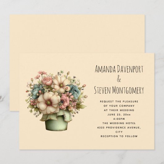 Whimsical Flowers in a Planter Pot Wedding 招待状 (正面/裏面)