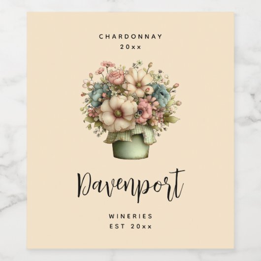 Whimsical Flowers in a Pot Cute Wine Making ワインラベル (シングルラベル)