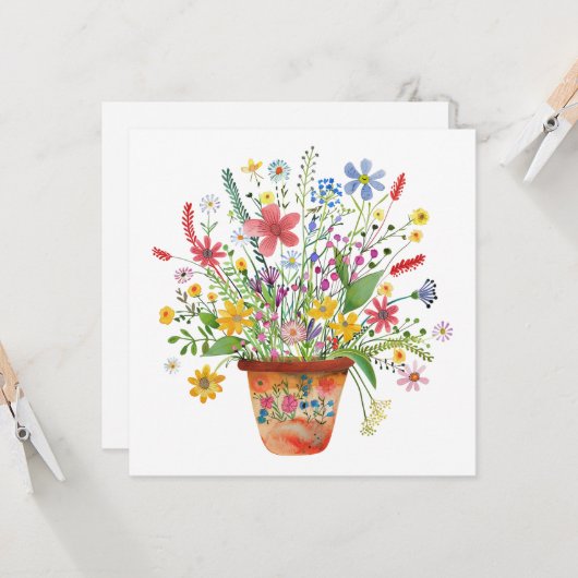 Whimsical Flowers in Pot Cheer Thinking of You カード (正面/裏面インサイチュ)