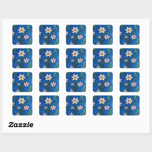 Whimsical Flowers with Blue Background スクエアシール (シート)
