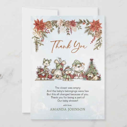 Whimsical Fluffy Christmas Dogs Baby Shower サンキューカード (正面)