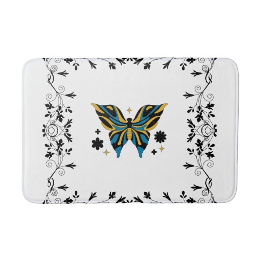 Whimsical Fluttering Black and White Butterfly バスマット (正面)