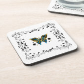 Whimsical Fluttering – Blue Butterfly Floral Art コースター (左側)
