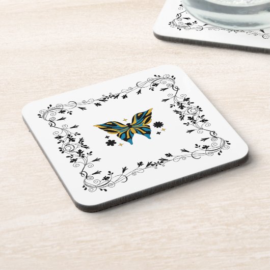 Whimsical Fluttering – Blue Butterfly Floral Art コースター (左側)