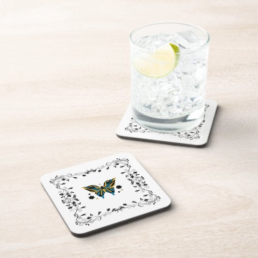 Whimsical Fluttering – Blue Butterfly Floral Art コースター (右側)