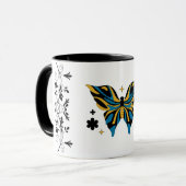 Whimsical Fluttering – Blue Butterfly Floral Art マグカップ (正面左)