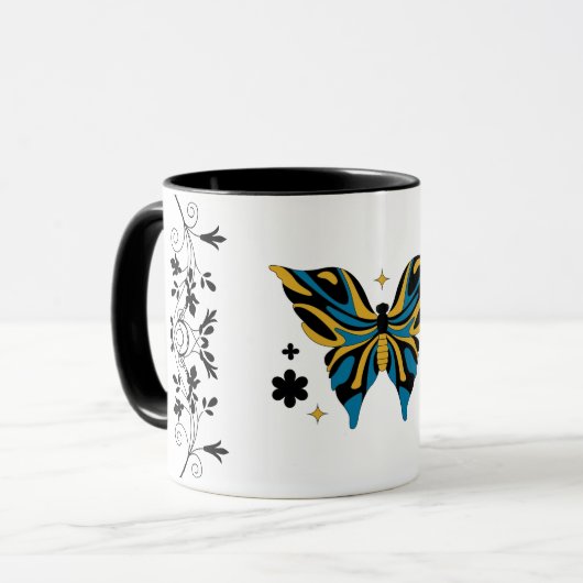 Whimsical Fluttering – Blue Butterfly Floral Art マグカップ (正面左)