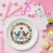 Whimsical Folk Art Birds & Floral Wreath Wedding ペーパープレート (パーティー)