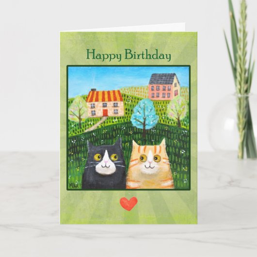 Whimsical Folk Art Cats Custom Message birthday  カード (正面)