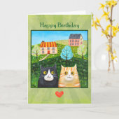 Whimsical Folk Art Cats Custom Message birthday  カード (黄色い花)