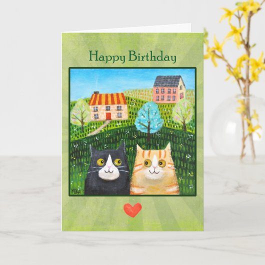 Whimsical Folk Art Cats Custom Message birthday  カード (黄色い花)