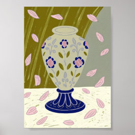 Whimsical Folk Art Ceramic Vase with Falling Pink  ポスター