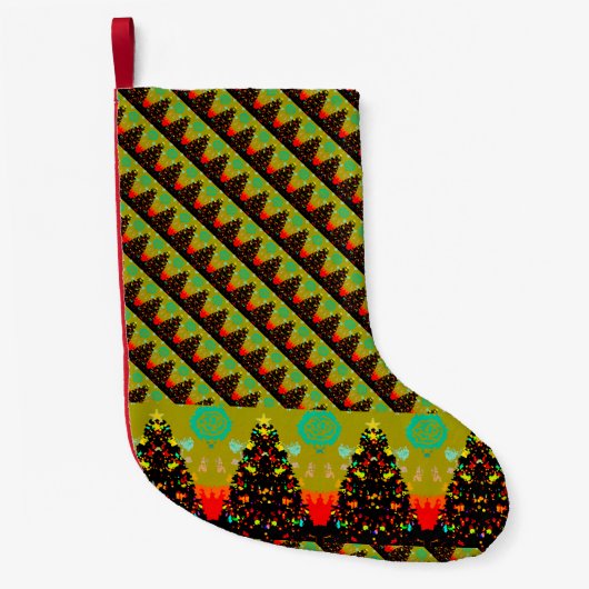 Whimsical Folk Art Christmas Tree Fun スモールクリスマスストッキング (正面)