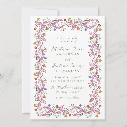 Whimsical Folk Art Floral Wedding Invitation 招待状 (正面)