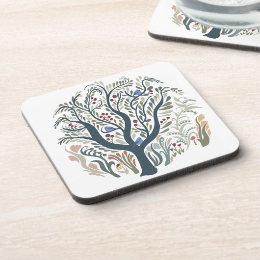 Whimsical Folk Art Forest Earth Tones コースター (左側)