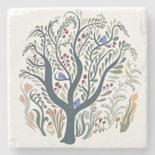 Whimsical Folk Art Forest Earth Tones ストーンコースター (正面)