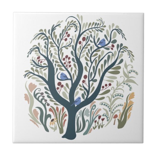 Whimsical Folk Art Forest  Earth Tones タイル (正面)
