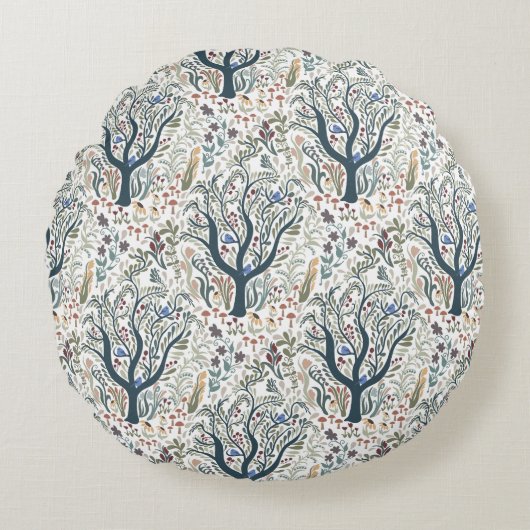 Whimsical Folk Art Forest Round Pillow  ラウンドクッション (正面)