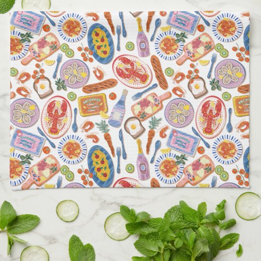 Whimsical Food Pattern Tea Towel キッチンタオル (折り畳み)