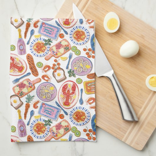 Whimsical Food Pattern Tea Towel キッチンタオル (四つ折り)