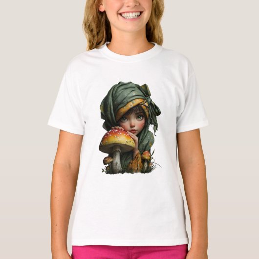 Whimsical Forest Girl with Mushroom Fantasy Art Tシャツ (正面)