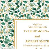 Whimsical Forest Green Gold Leaves Wedding Invite 招待状