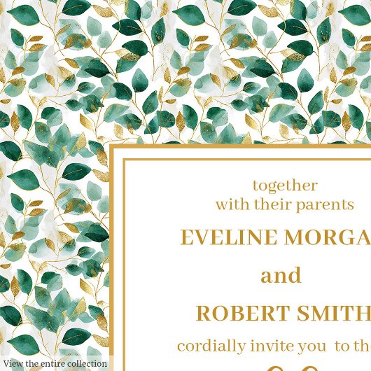 Whimsical Forest Green Gold Leaves Wedding Invite 招待状