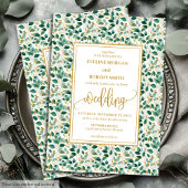 Whimsical Forest Green Gold Leaves Wedding Invite 招待状