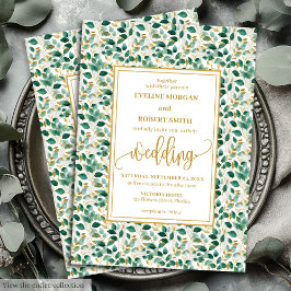 Whimsical Forest Green Gold Leaves Wedding Invite 招待状