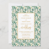 Whimsical Forest Green Gold Leaves Wedding Invite 招待状 (正面)
