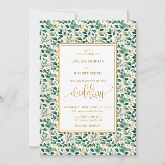 Whimsical Forest Green Gold Leaves Wedding Invite 招待状 (正面)