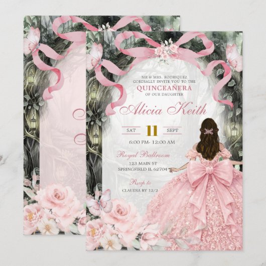 Whimsical Forest Pink Bow Coquette Butterfly I 招待状 (正面/裏面)