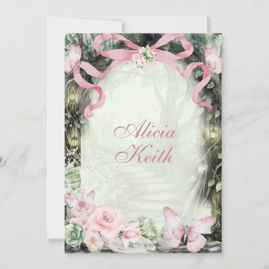 Whimsical Forest Pink Sage Bow Coquette Butterfly  招待状 (裏面)